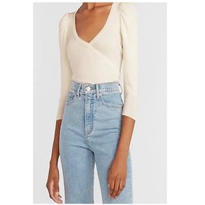 Express Ribbed Wrap Front V Neck Sweater- Ivory